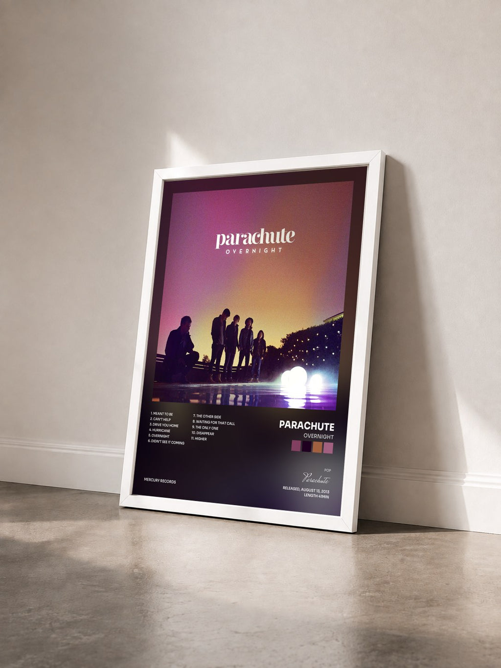 #blanc Tableau de l'album Overnight de Parachute vu de trois quarts, cadre blanc