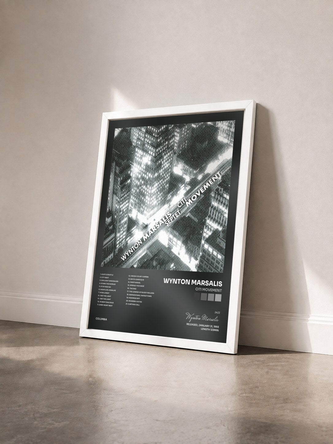 #blanc Tableau de l'album Citi Movement de Wynton Marsalis vu de trois quarts, cadre blanc