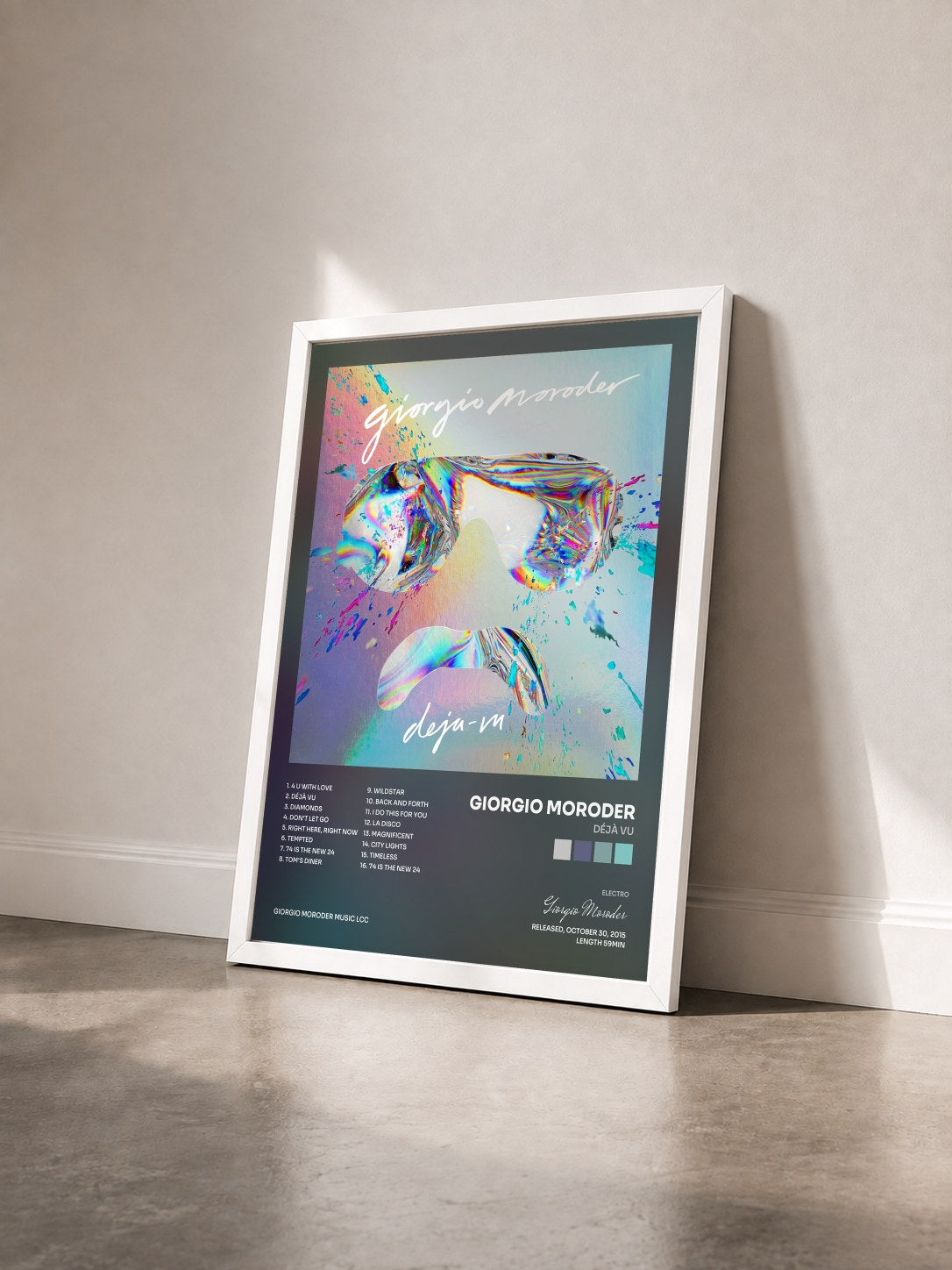 #blanc Tableau de l'album Déjà vu de Giorgio Moroder vu de trois quarts, cadre blanc