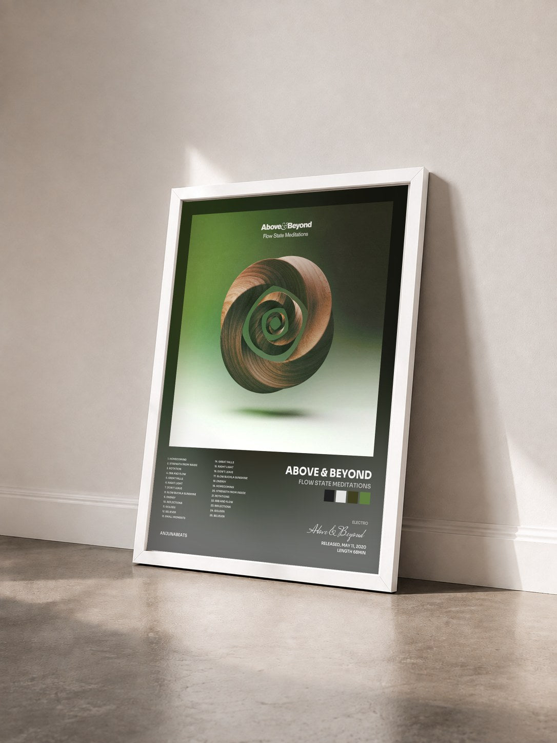 #blanc Tableau de l'album Flow State Meditations de Above & Beyond vu de trois quarts, cadre blanc