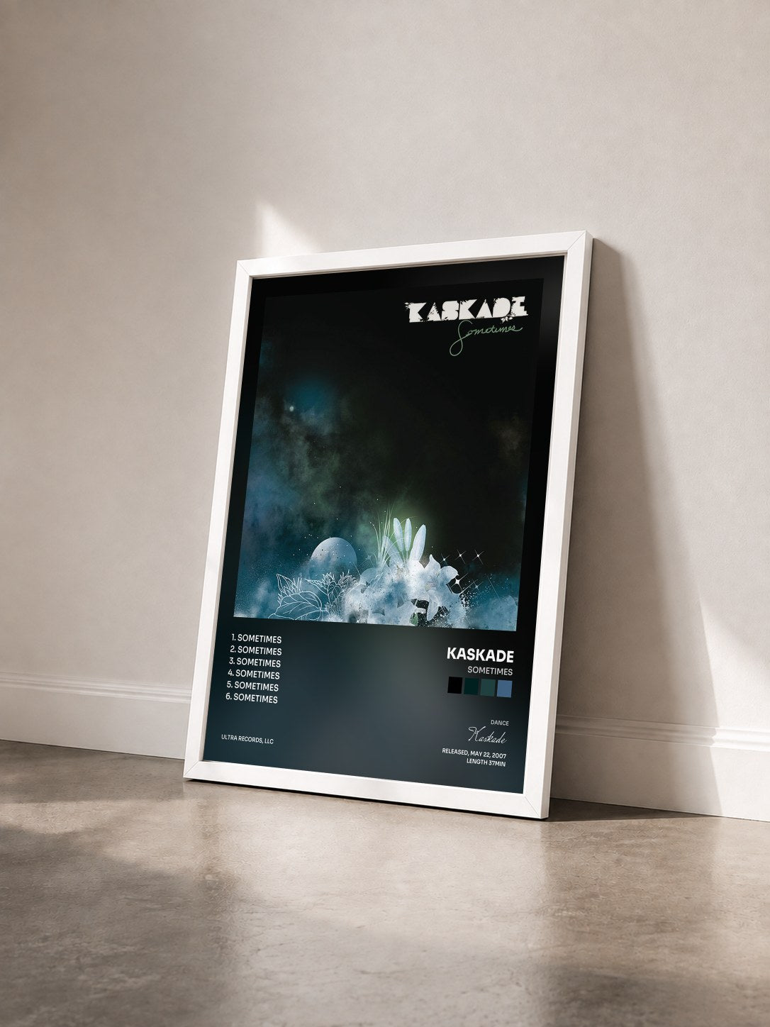 #blanc Tableau de l'album Sometimes de Kaskade vu de trois quarts, cadre blanc