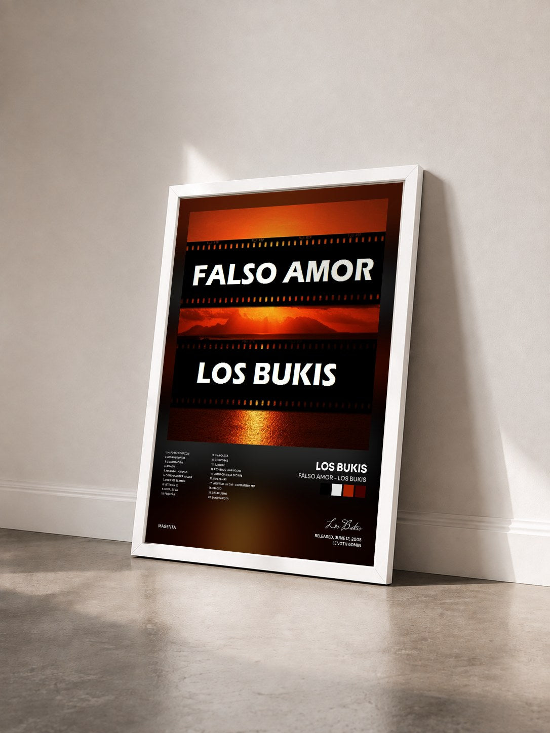 #blanc Tableau de l'album Falso amor - Los Bukis de Los Bukis vu de trois quarts, cadre blanc