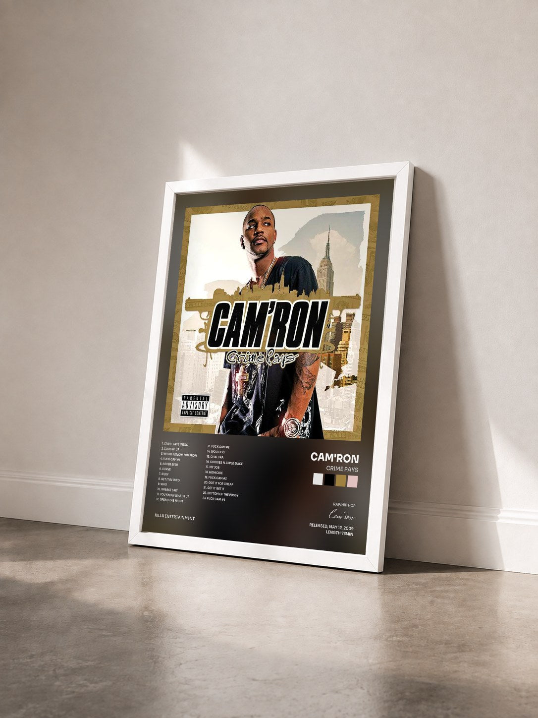 #blanc Tableau de l'album Crime Pays de Cam'ron vu de trois quarts, cadre blanc