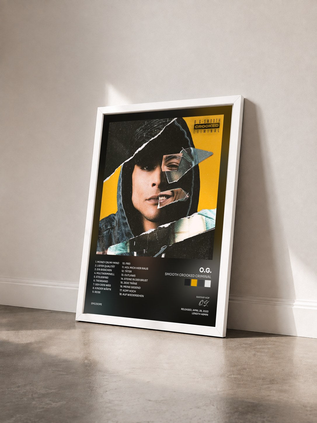 #blanc Tableau de l'album Smooth Crooked Criminal de O.G. vu de trois quarts, cadre blanc