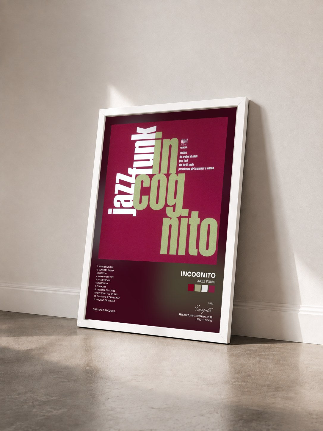 #blanc Tableau de l'album Jazz Funk de Incognito vu de trois quarts, cadre blanc