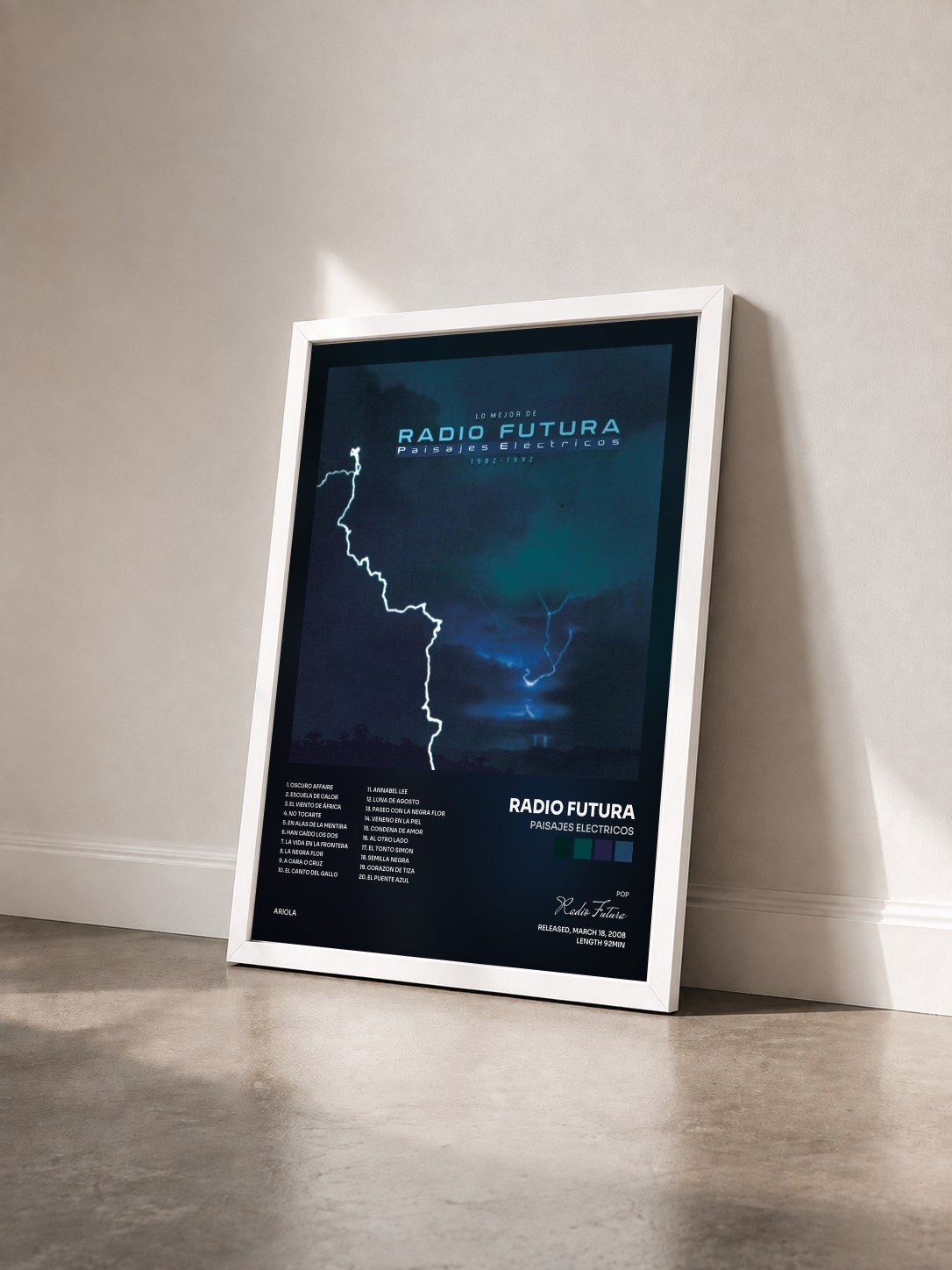 #blanc Tableau de l'album Paisajes Electricos de Radio Futura vu de trois quarts, cadre blanc
