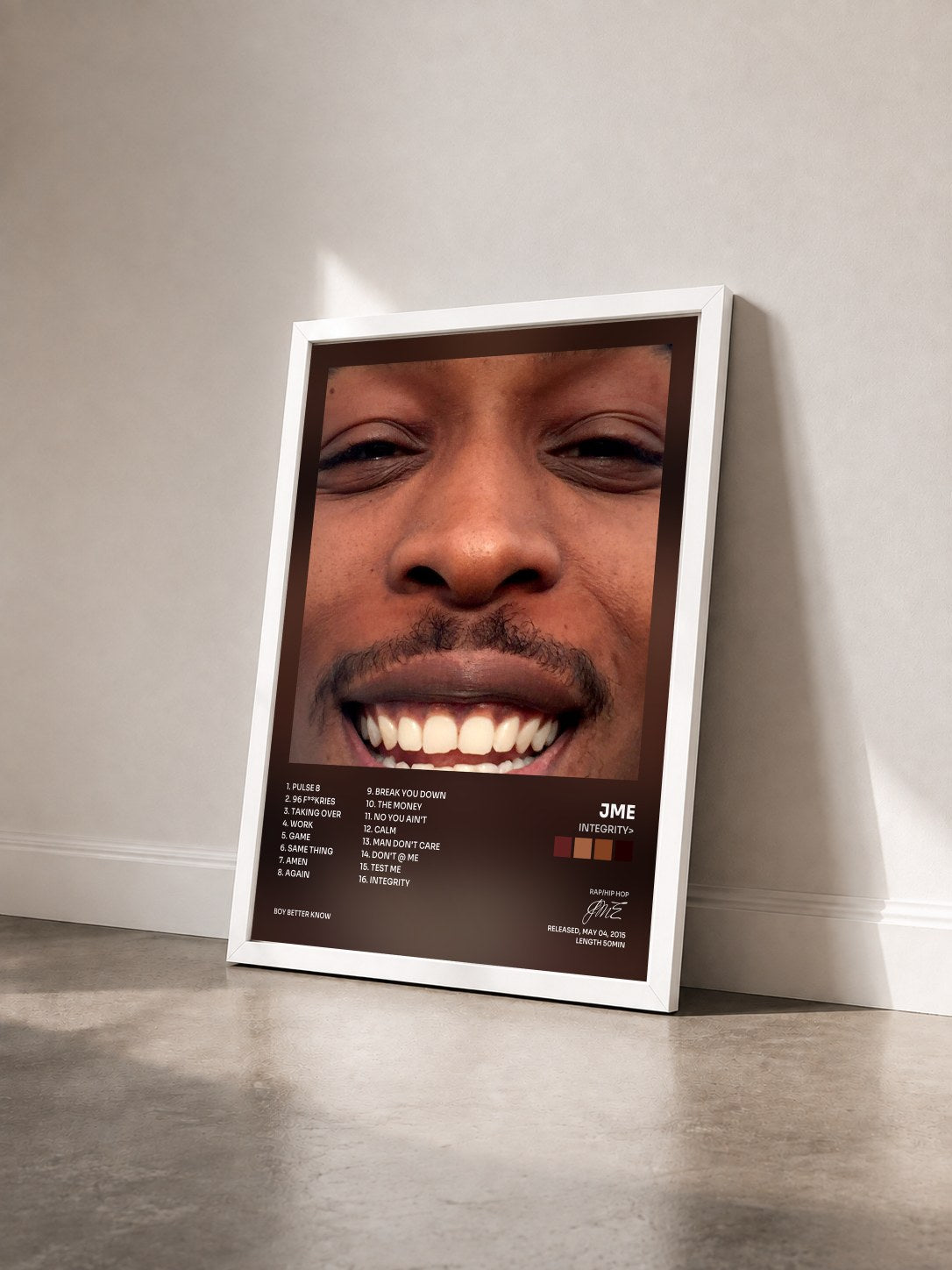 #blanc Tableau de l'album Integrity> de JME vu de trois quarts, cadre blanc