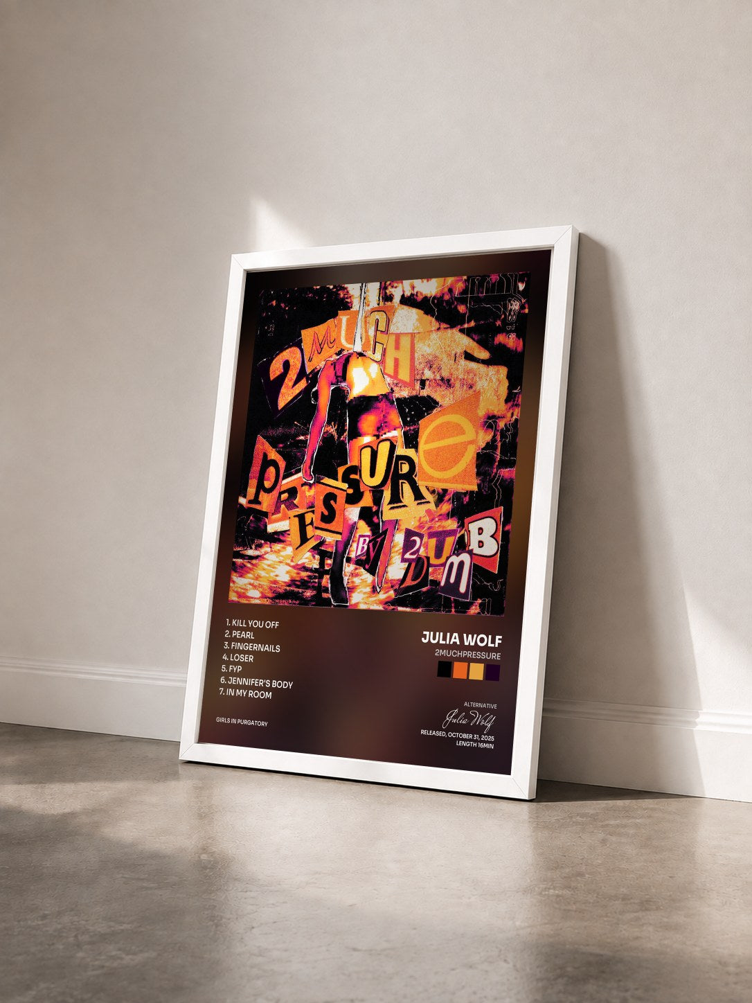 #blanc Tableau de l'album 2MUCHPRESSURE de Julia Wolf vu de trois quarts, cadre blanc
