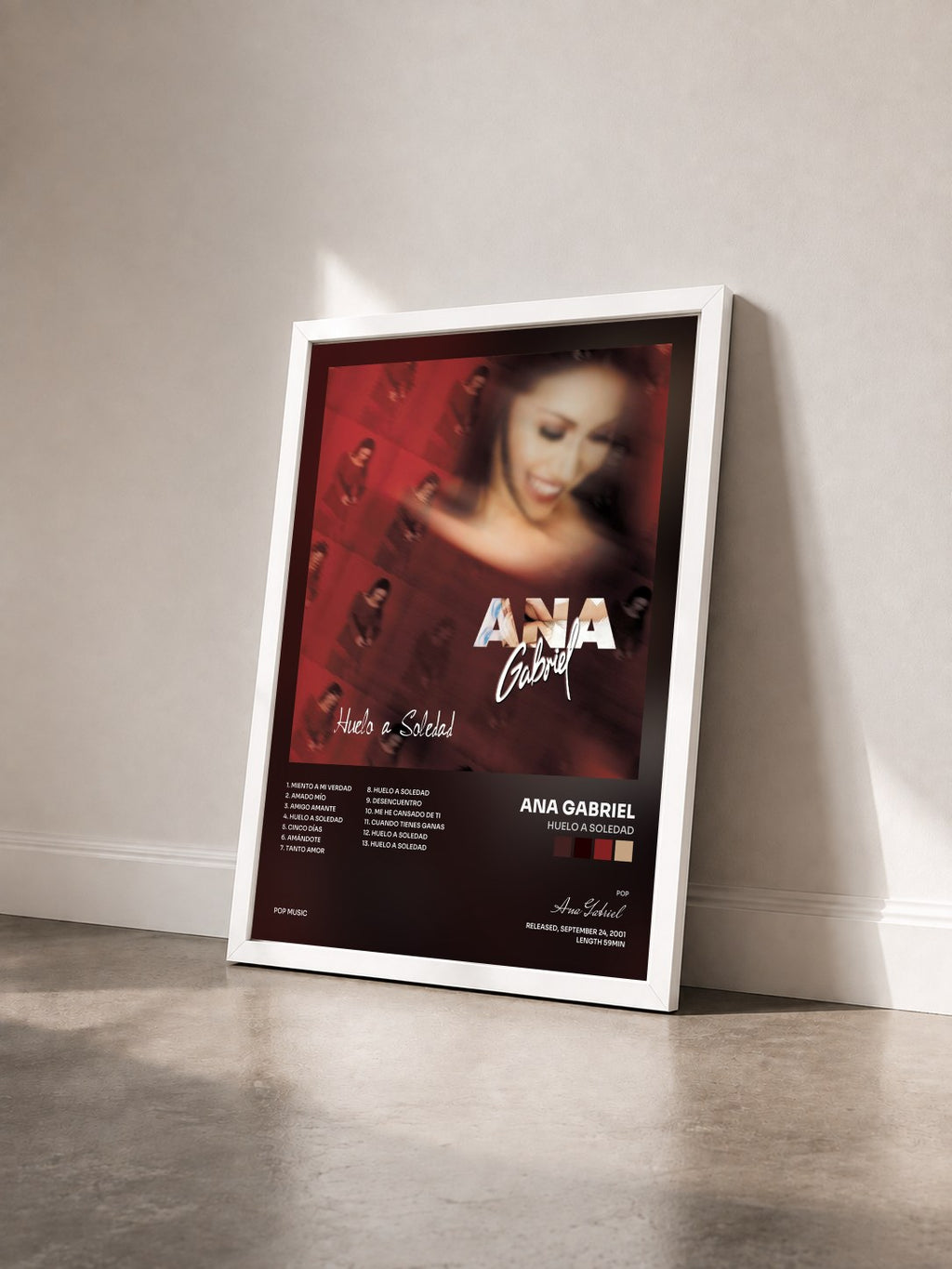 #blanc Tableau de l'album Huelo a Soledad de Ana Gabriel vu de trois quarts, cadre blanc
