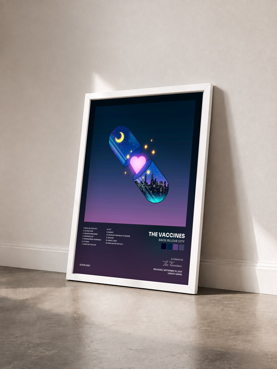 #blanc Tableau de l'album Back In Love City de The Vaccines vu de trois quarts, cadre blanc