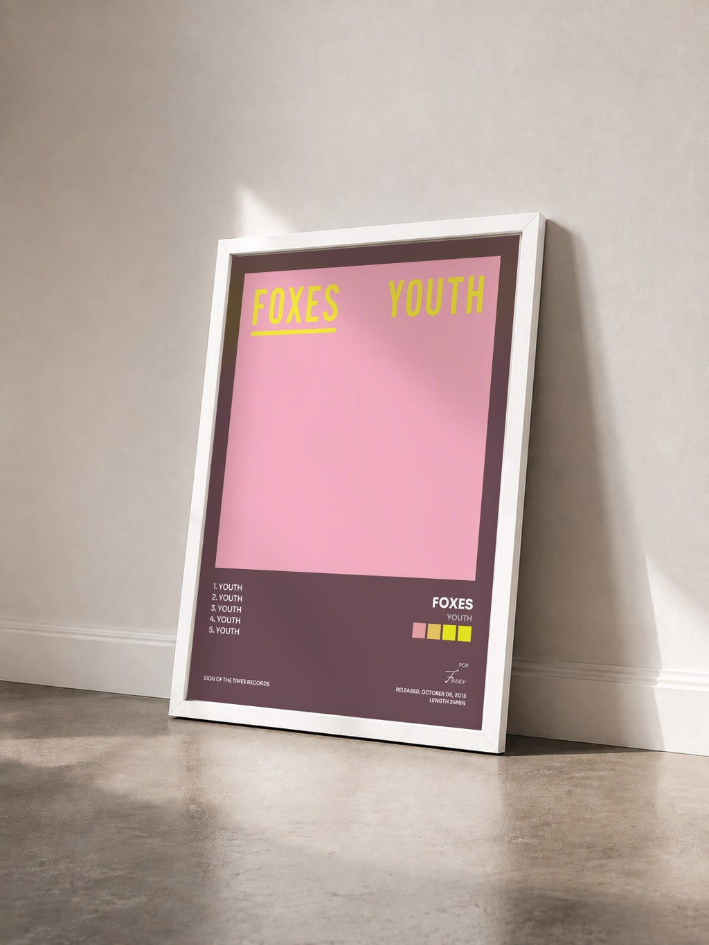 #blanc Tableau de l'album Youth de Foxes vu de trois quarts, cadre blanc