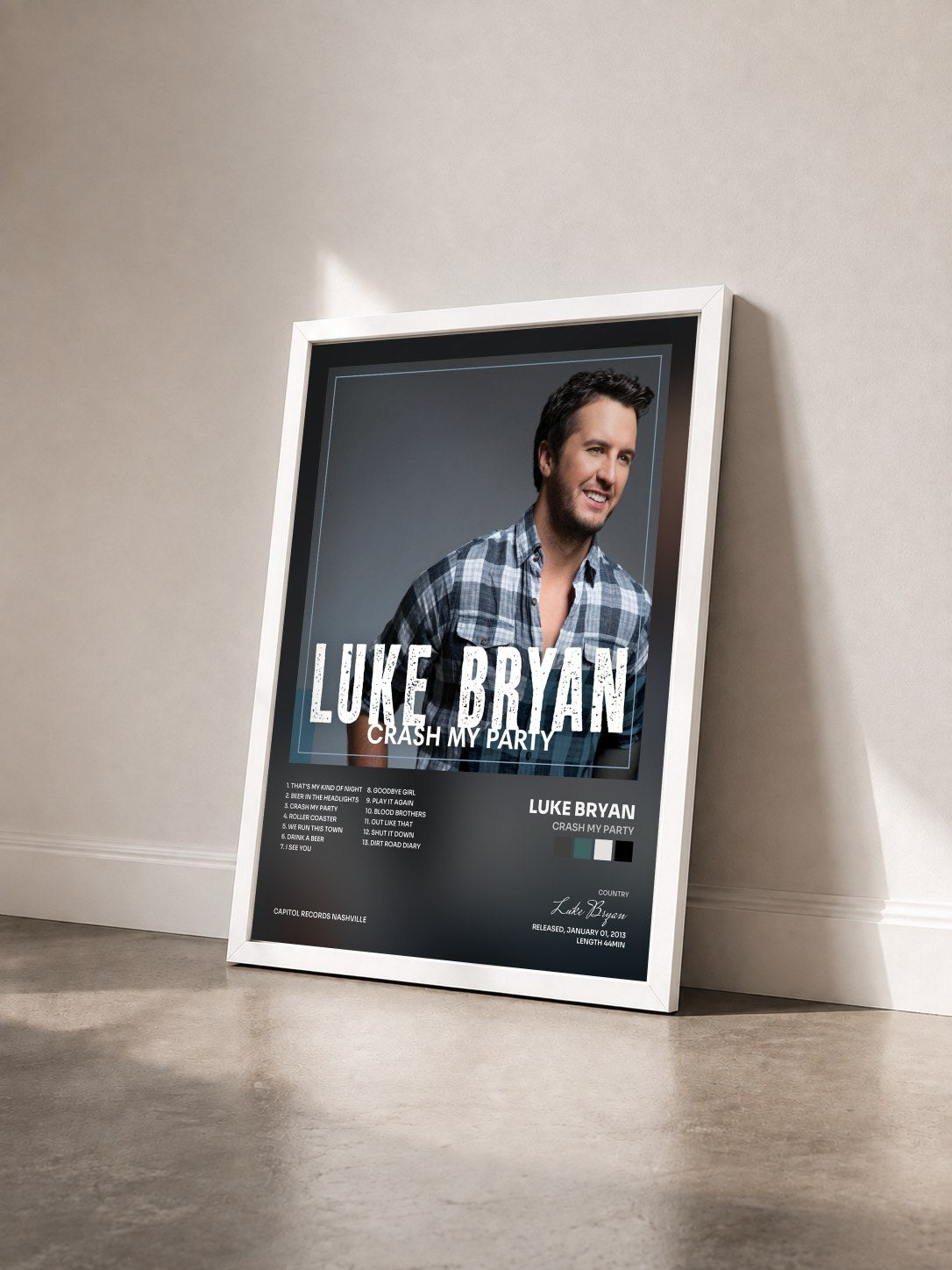 #blanc Tableau de l'album Crash My Party de Luke Bryan vu de trois quarts, cadre blanc