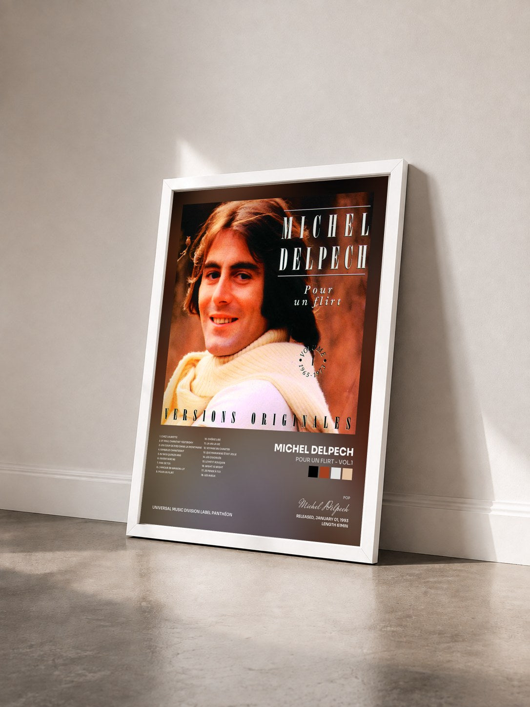 #blanc Tableau de l'album Pour Un Flirt - Vol.1 de Michel Delpech vu de trois quarts, cadre blanc