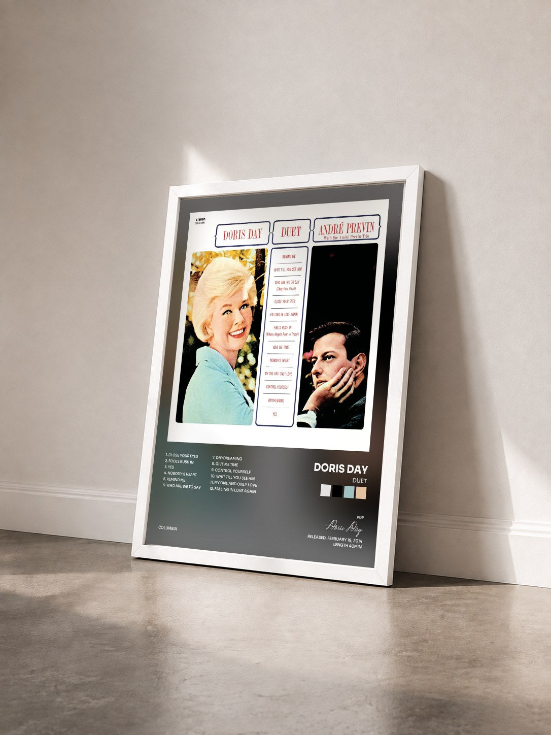 #blanc Tableau de l'album Duet de Doris Day vu de trois quarts, cadre blanc