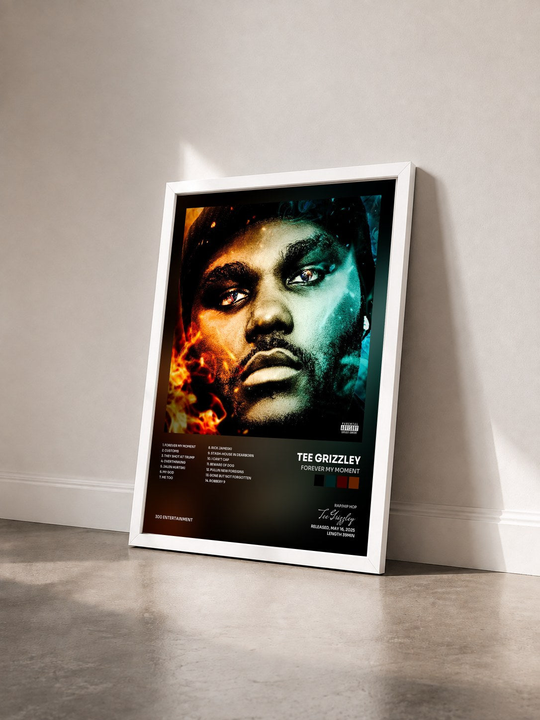 #blanc Tableau de l'album Forever My Moment de Tee Grizzley vu de trois quarts, cadre blanc