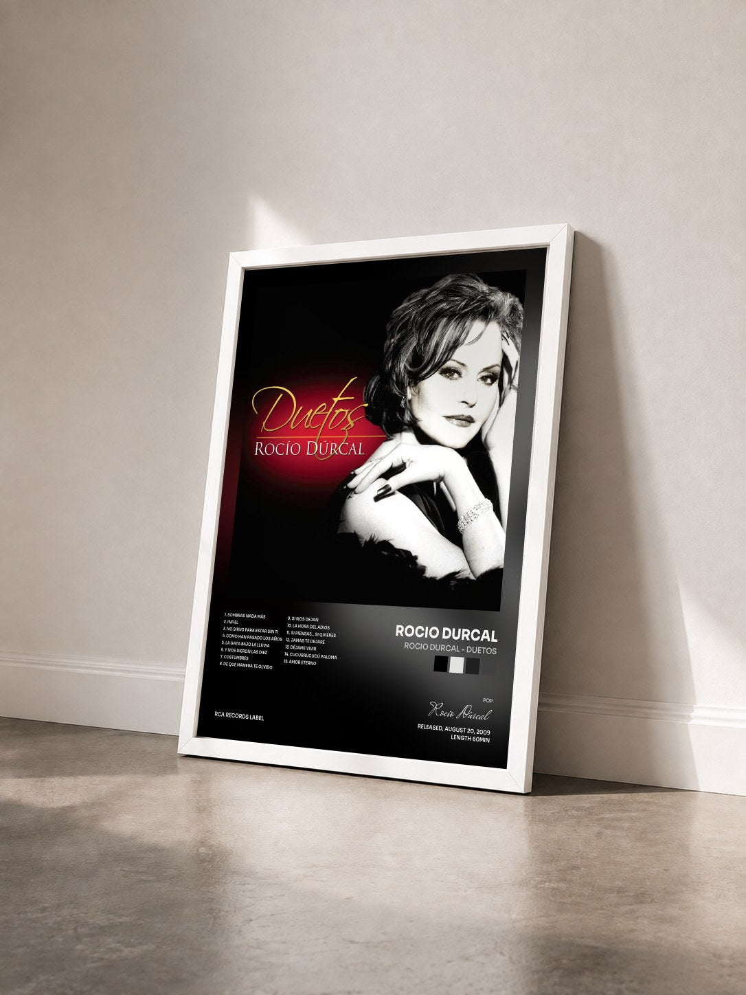#blanc Tableau de l'album Rocio Durcal - Duetos de Rocio Durcal vu de trois quarts, cadre blanc