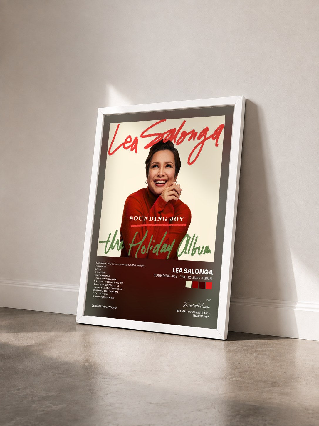 #blanc Tableau de l'album Sounding Joy - The Holiday Album de Lea Salonga vu de trois quarts, cadre blanc