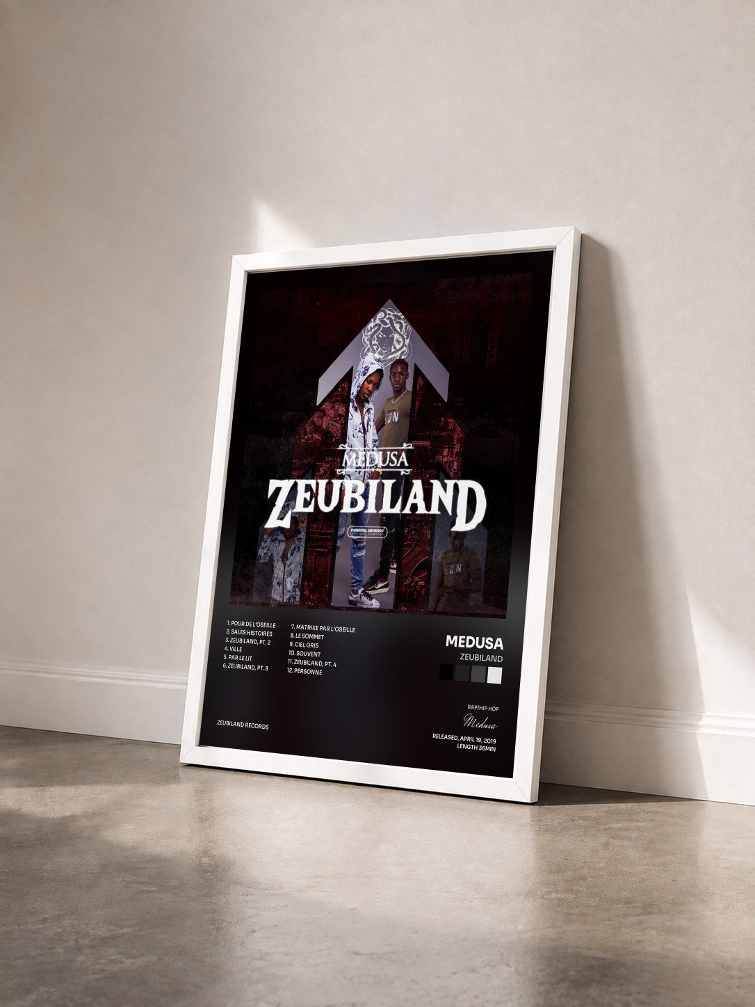 #blanc Tableau de l'album Zeubiland de Medusa vu de trois quarts, cadre blanc