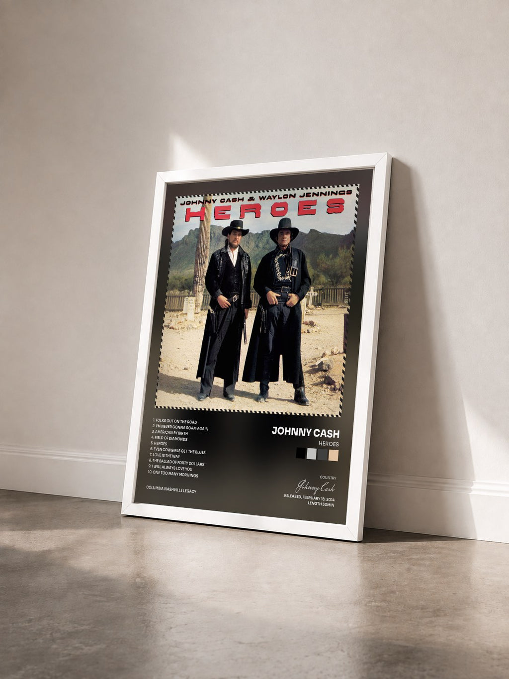 #blanc Tableau de l'album Heroes de Johnny Cash vu de trois quarts, cadre blanc