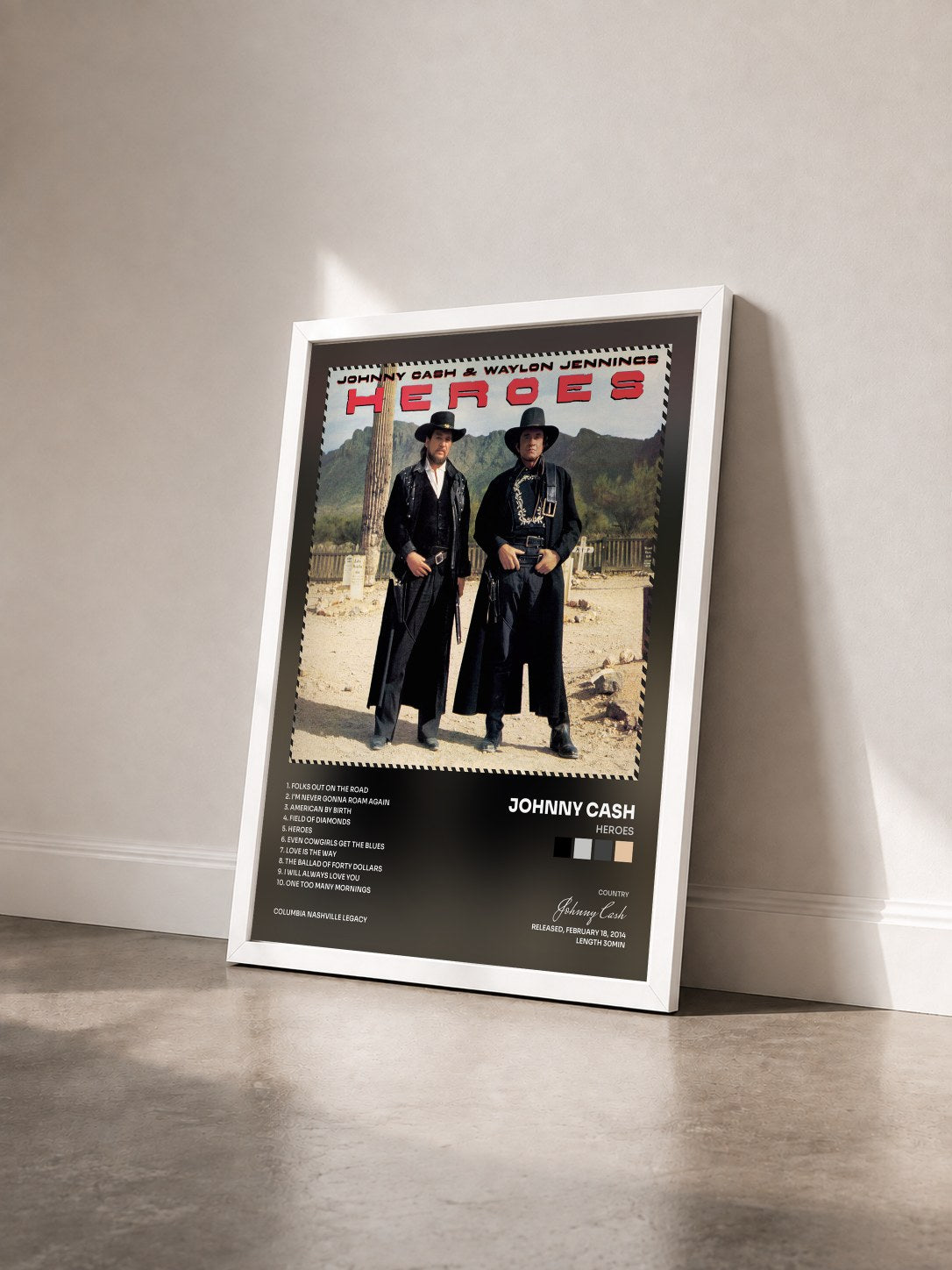 #blanc Tableau de l'album Heroes de Johnny Cash vu de trois quarts, cadre blanc