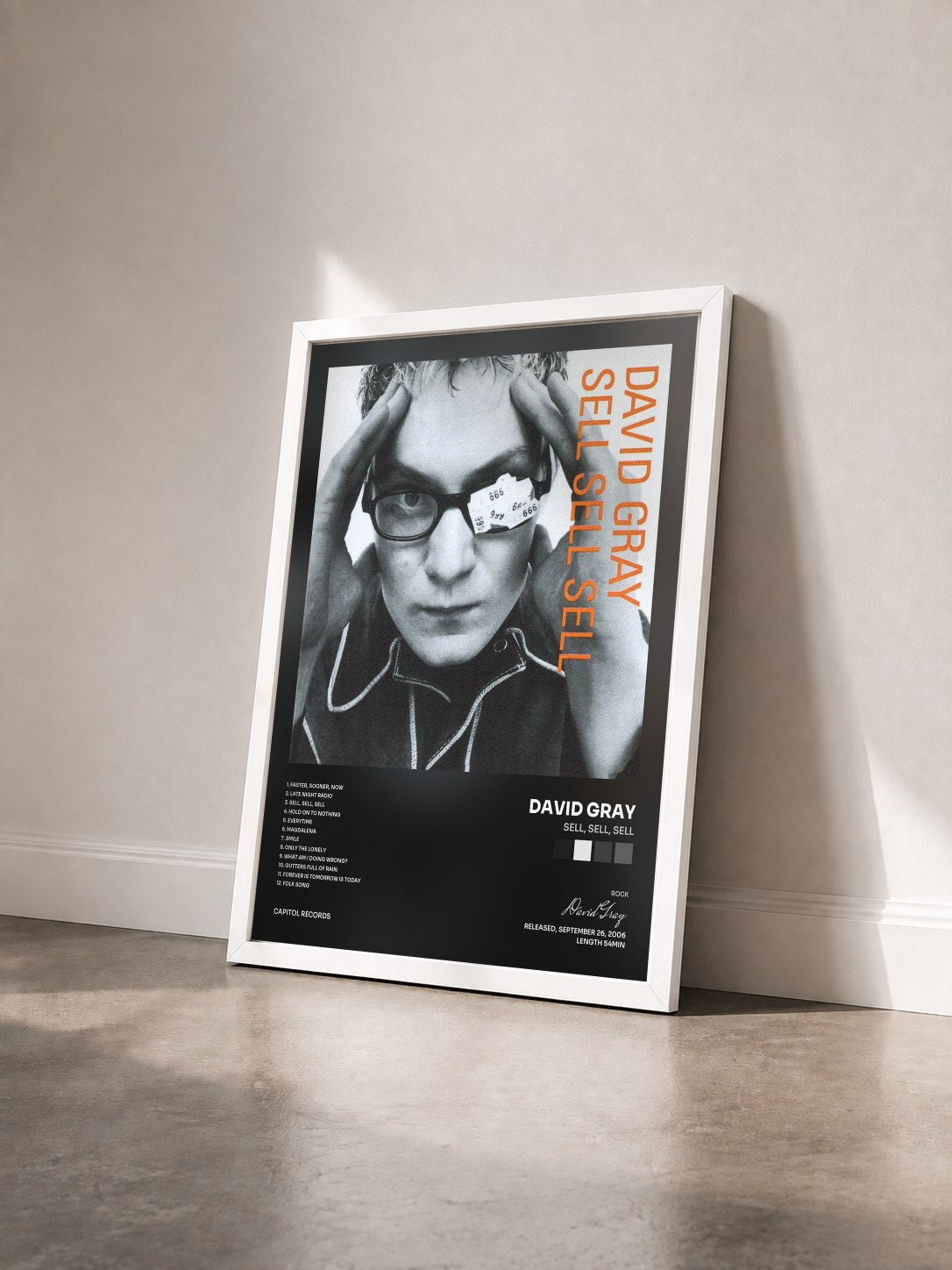 #blanc Tableau de l'album Sell, Sell, Sell de David Gray vu de trois quarts, cadre blanc