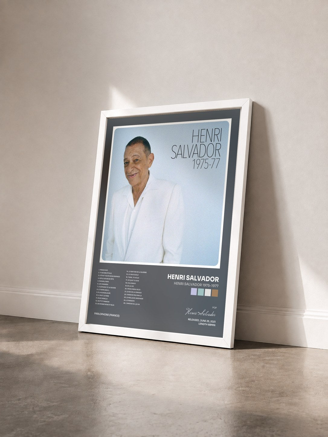 #blanc Tableau de l'album Henri Salvador 1975-1977 de Henri Salvador vu de trois quarts, cadre blanc
