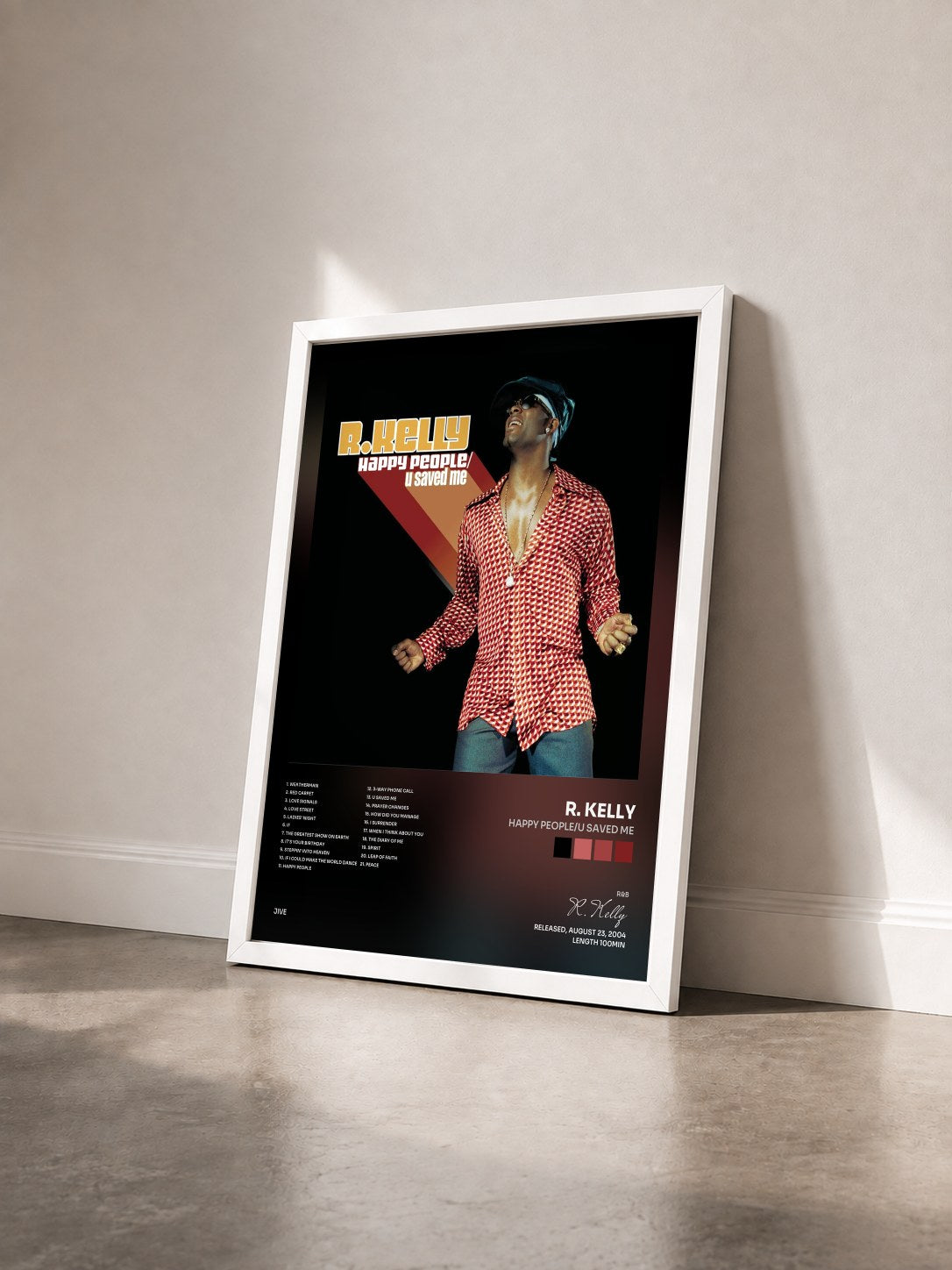 #blanc Tableau de l'album Happy People/U Saved Me de R. Kelly vu de trois quarts, cadre blanc