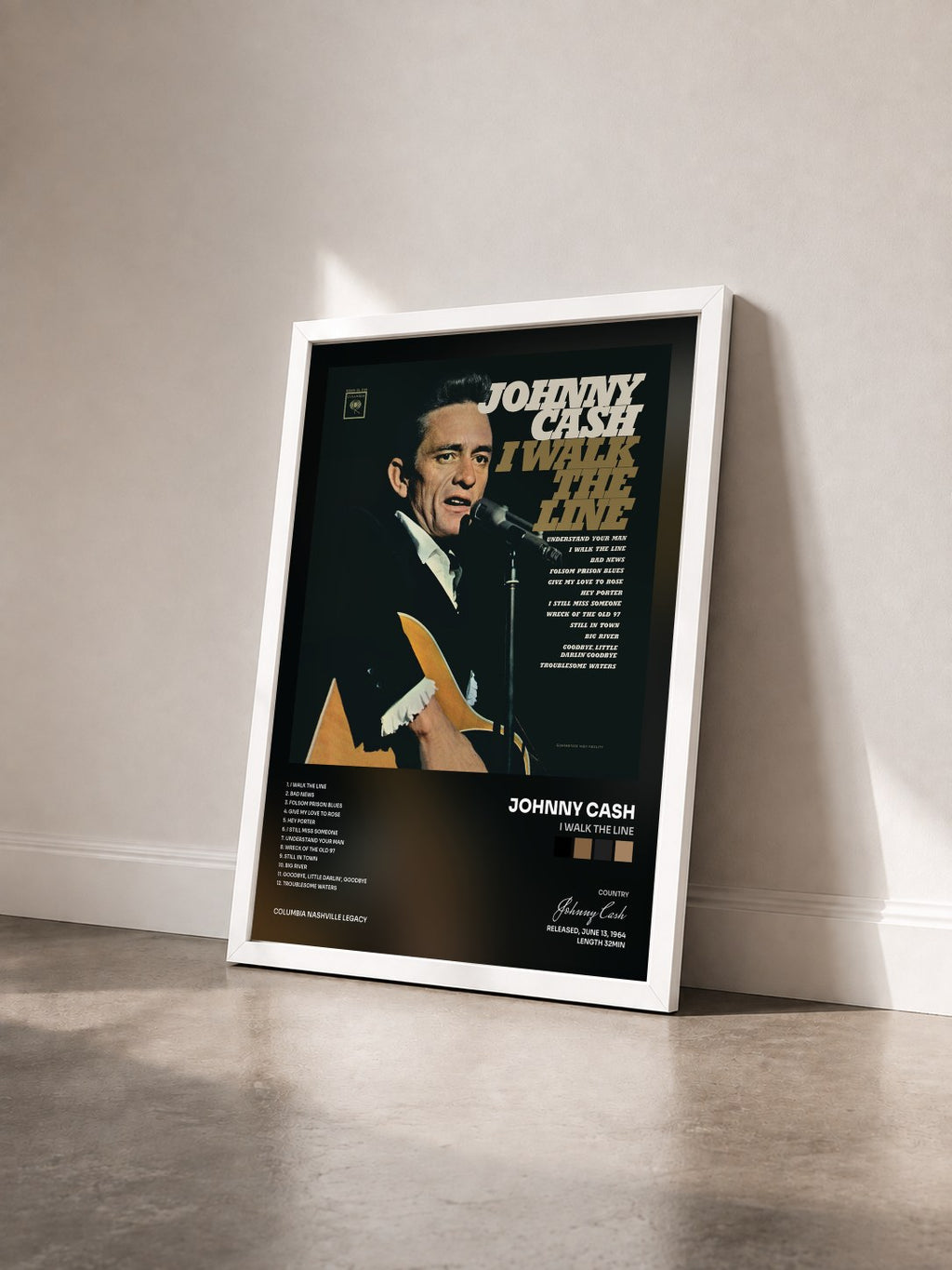 #blanc Tableau de l'album I Walk the Line de Johnny Cash vu de trois quarts, cadre blanc