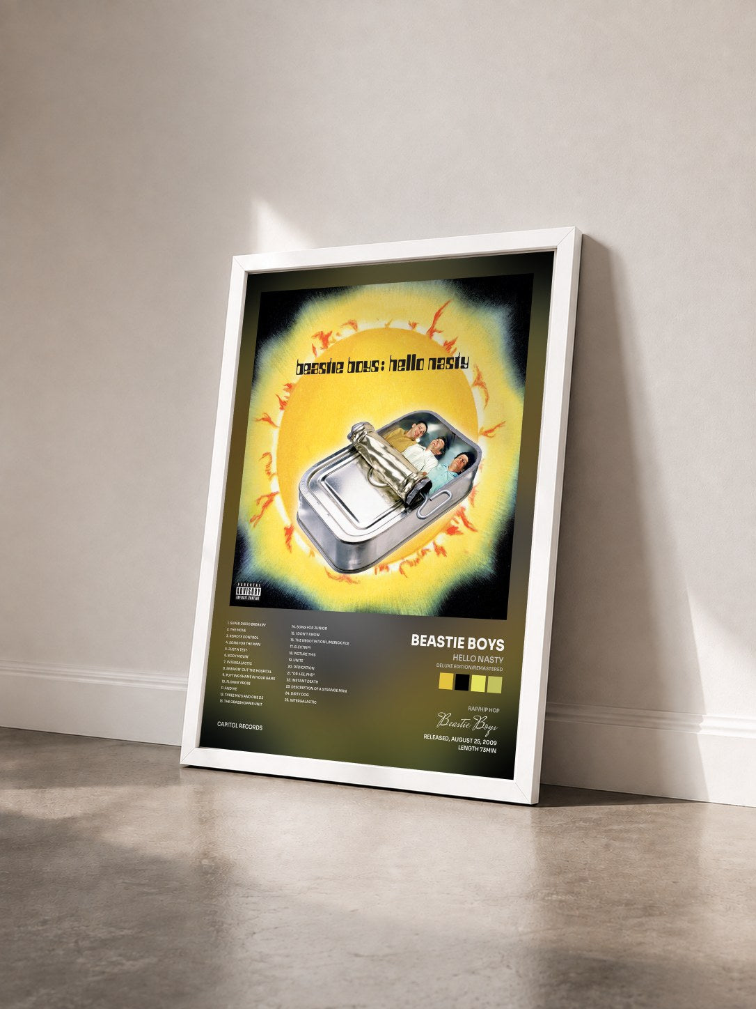 #blanc Tableau de l'album Hello Nasty (Deluxe Edition/Remastered) de Beastie Boys vu de trois quarts, cadre blanc
