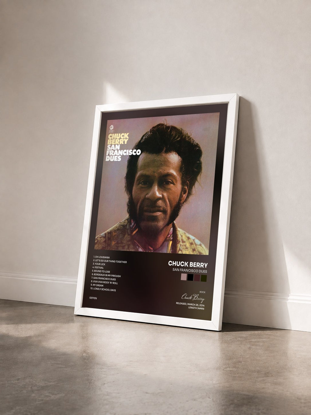 #blanc Tableau de l'album San Francisco Dues de Chuck Berry vu de trois quarts, cadre blanc