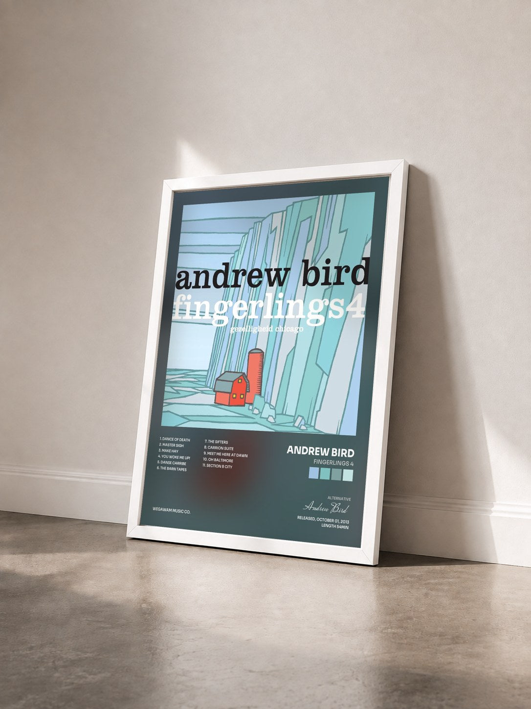 #blanc Tableau de l'album Fingerlings 4 de Andrew Bird vu de trois quarts, cadre blanc