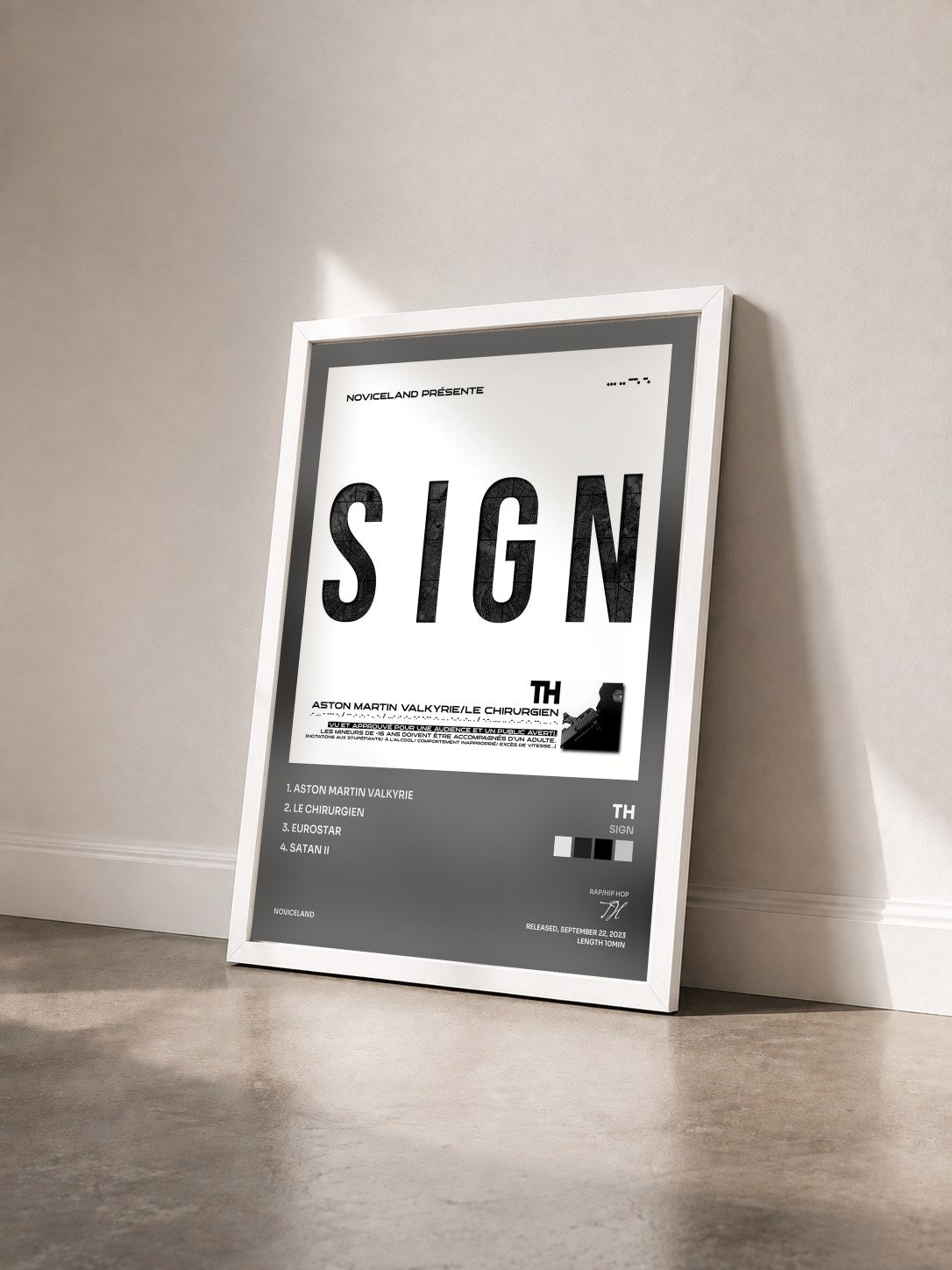 #blanc Tableau de l'album SIGN de TH vu de trois quarts, cadre blanc