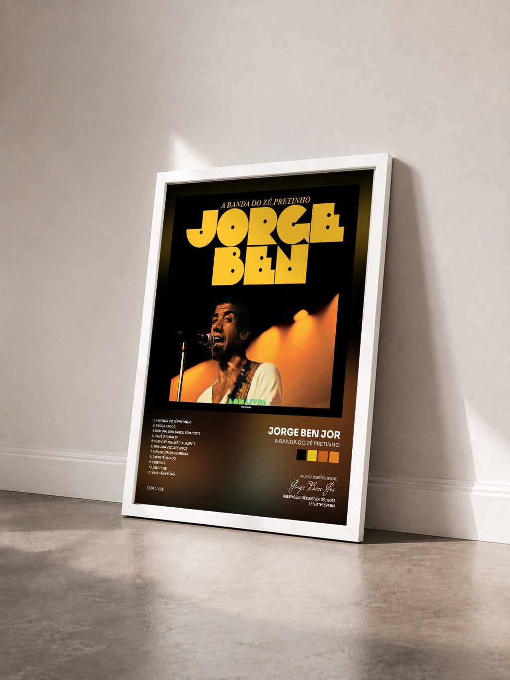 #blanc Tableau de l'album A Banda do Zé Pretinho de Jorge Ben Jor vu de trois quarts, cadre blanc