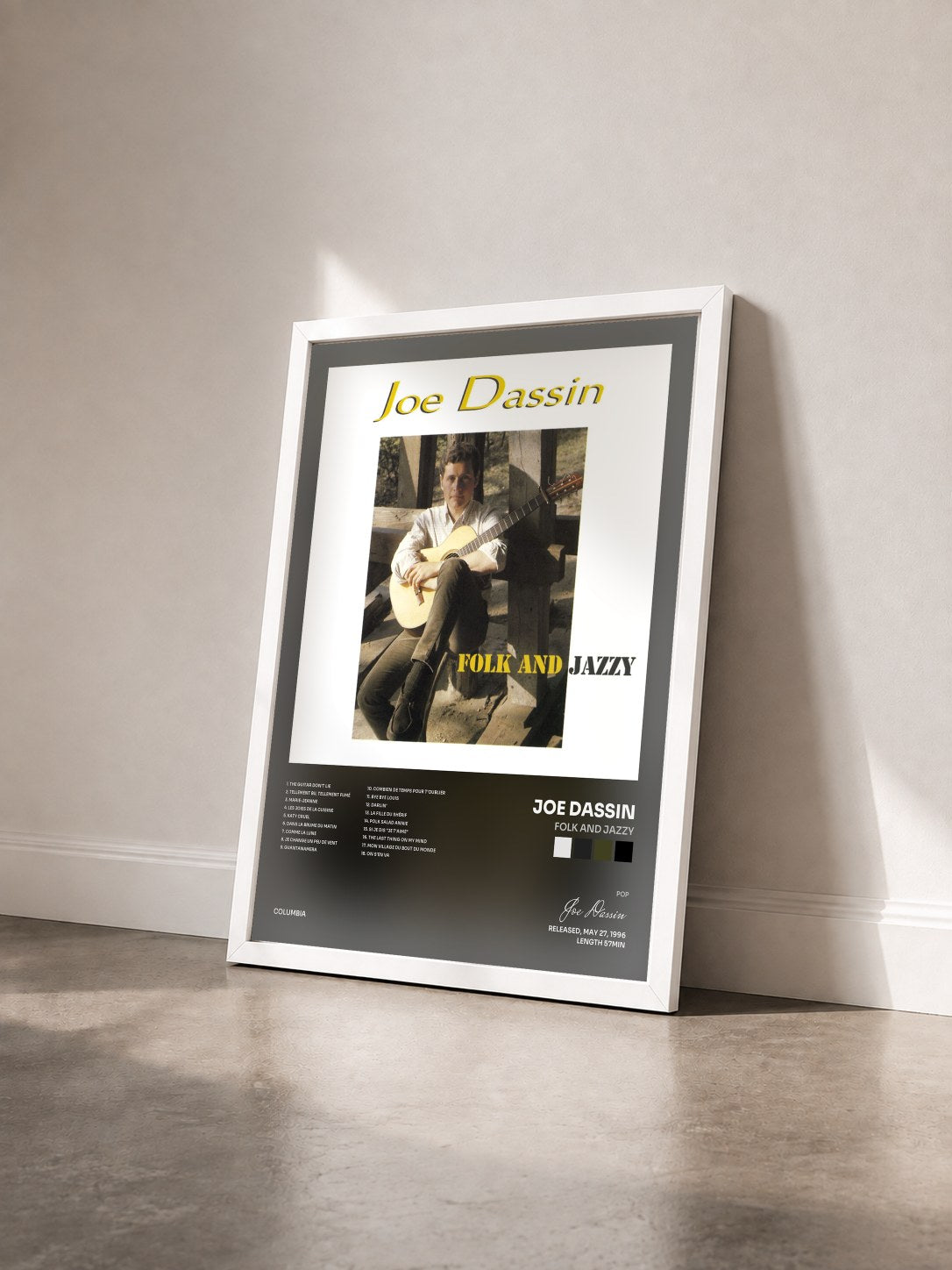 #blanc Tableau de l'album Folk And Jazzy de Joe Dassin vu de trois quarts, cadre blanc