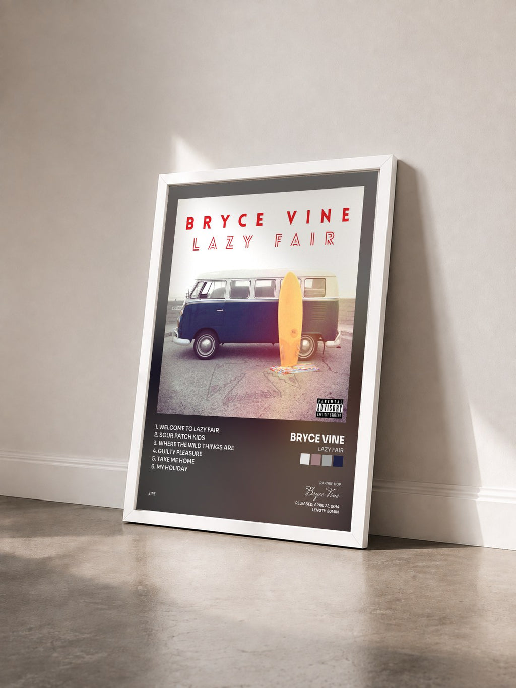 #blanc Tableau de l'album Lazy Fair de Bryce Vine vu de trois quarts, cadre blanc