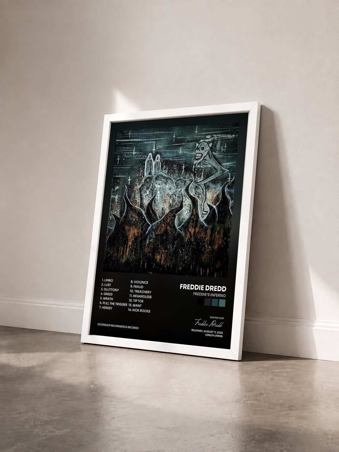 #blanc Tableau de l'album Freddie's Inferno de Freddie Dredd vu de trois quarts, cadre blanc