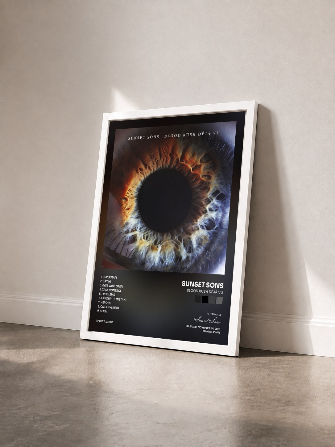 #blanc Tableau de l'album Blood Rush Déjà Vu de Sunset Sons vu de trois quarts, cadre blanc