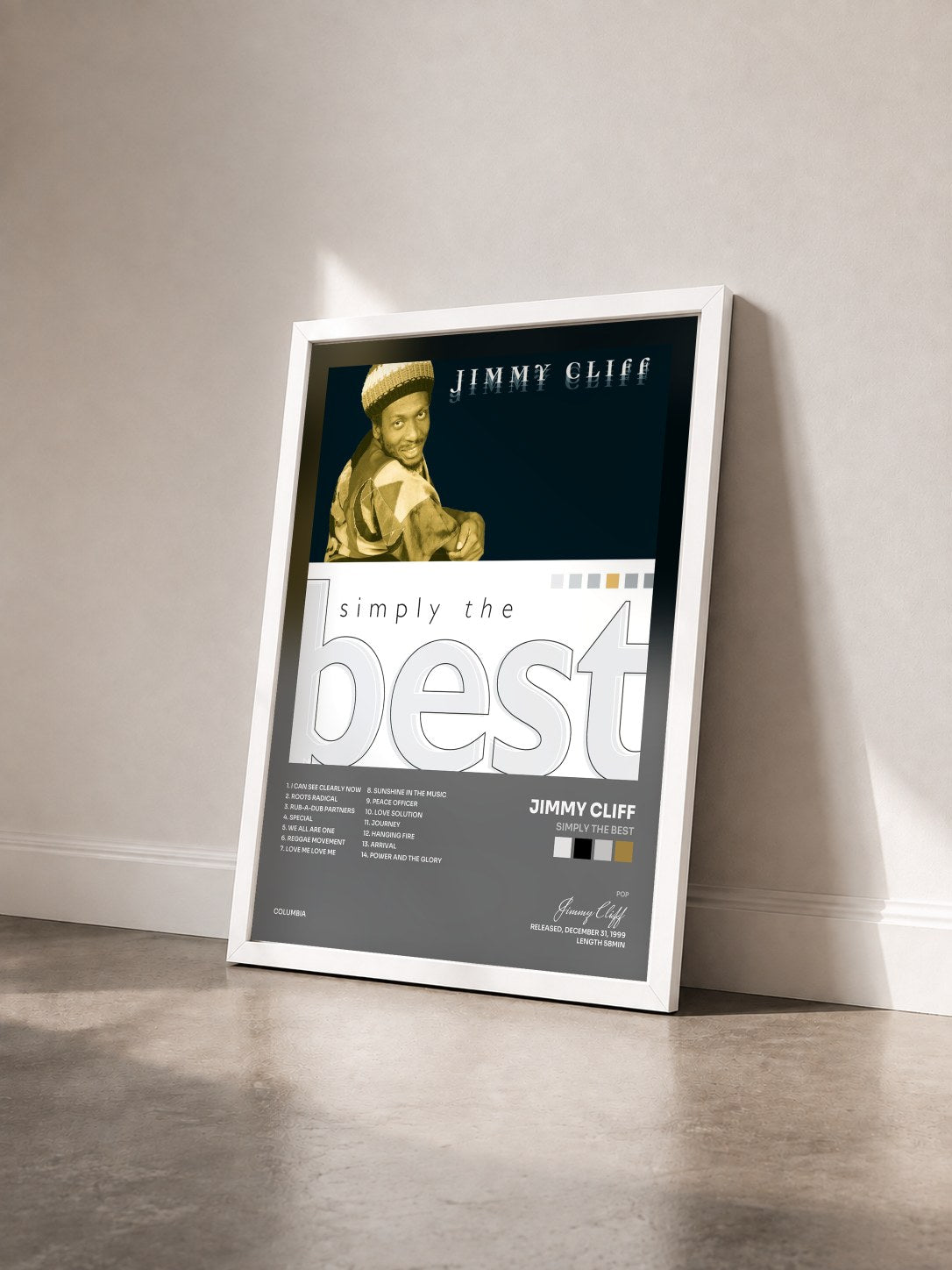 #blanc Tableau de l'album Simply The Best de Jimmy Cliff vu de trois quarts, cadre blanc