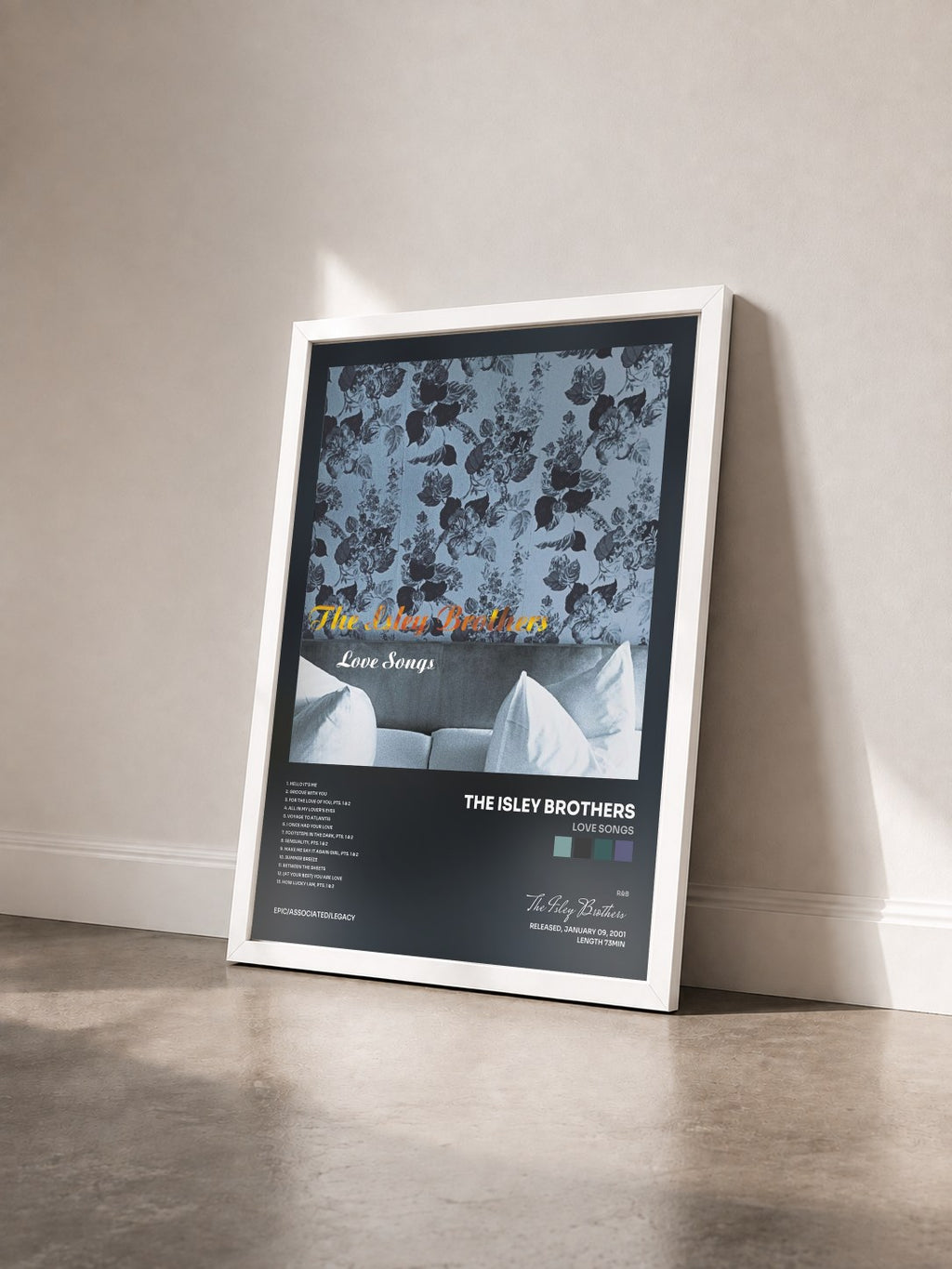 #blanc Tableau de l'album Love Songs de The Isley Brothers vu de trois quarts, cadre blanc