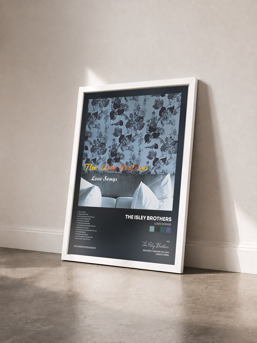 #blanc Tableau de l'album Love Songs de The Isley Brothers vu de trois quarts, cadre blanc