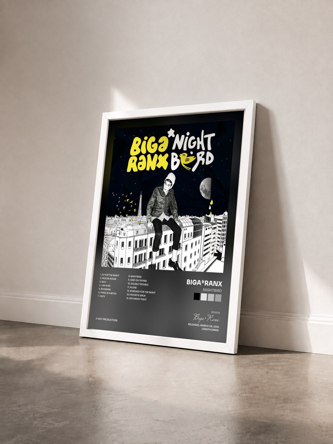 #blanc Tableau de l'album Nightbird de Biga*Ranx vu de trois quarts, cadre blanc
