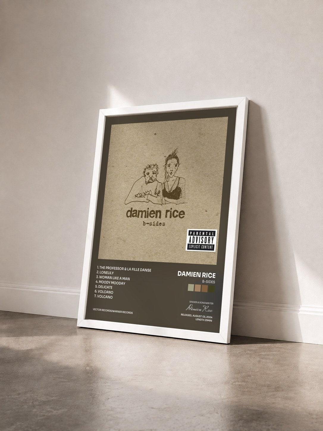 #blanc Tableau de l'album B-Sides de Damien Rice vu de trois quarts, cadre blanc