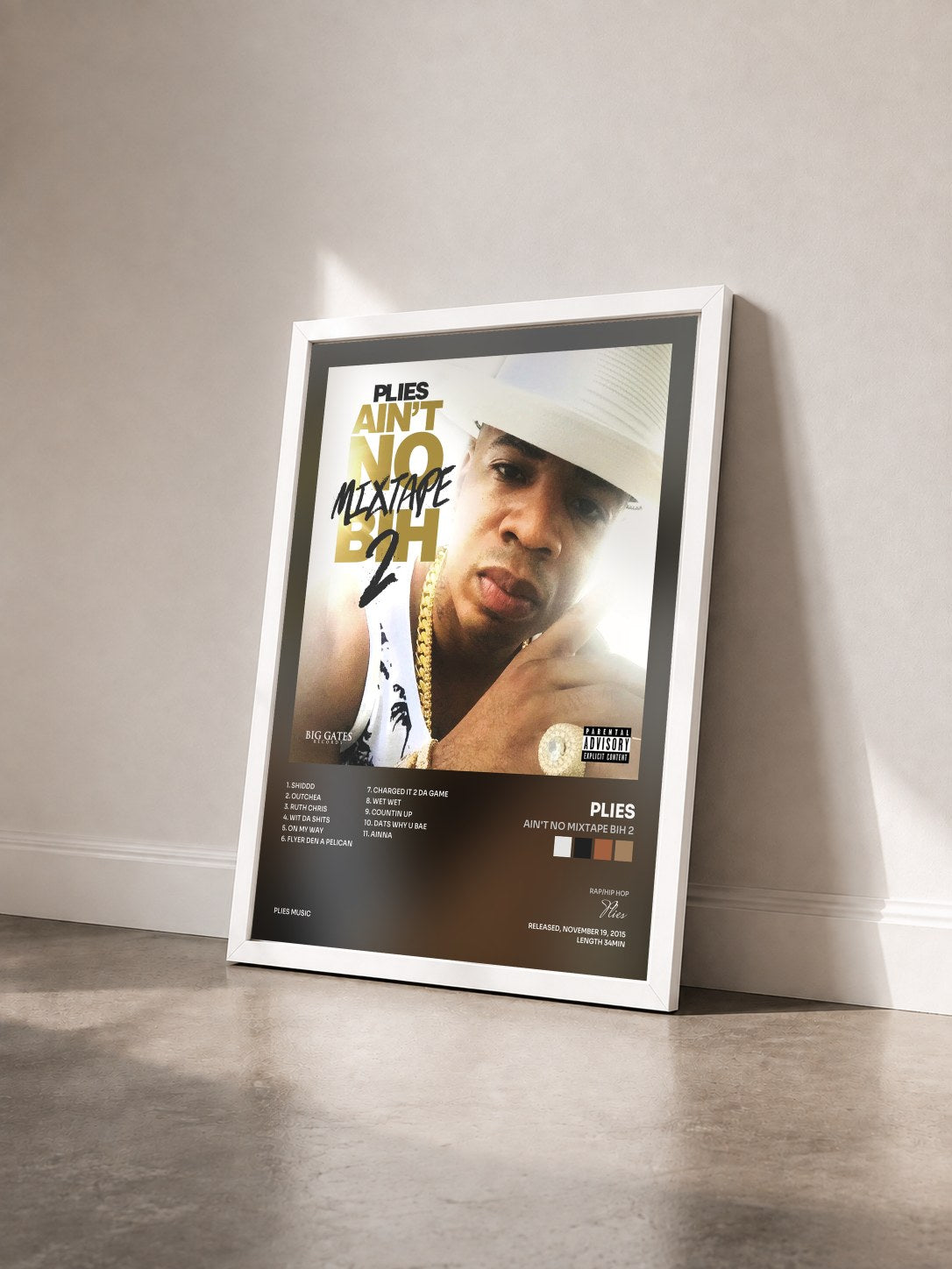 #blanc Tableau de l'album Ain't No Mixtape Bih 2 de Plies vu de trois quarts, cadre blanc