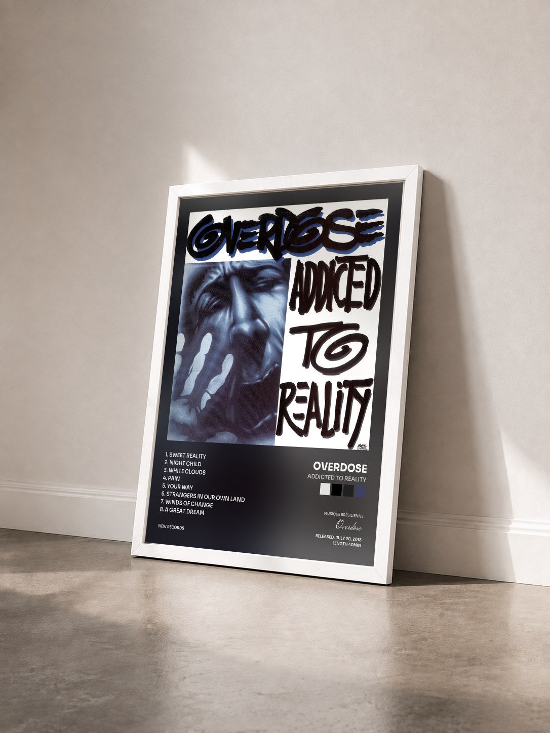 #blanc Tableau de l'album Addicted to Reality de Overdose vu de trois quarts, cadre blanc