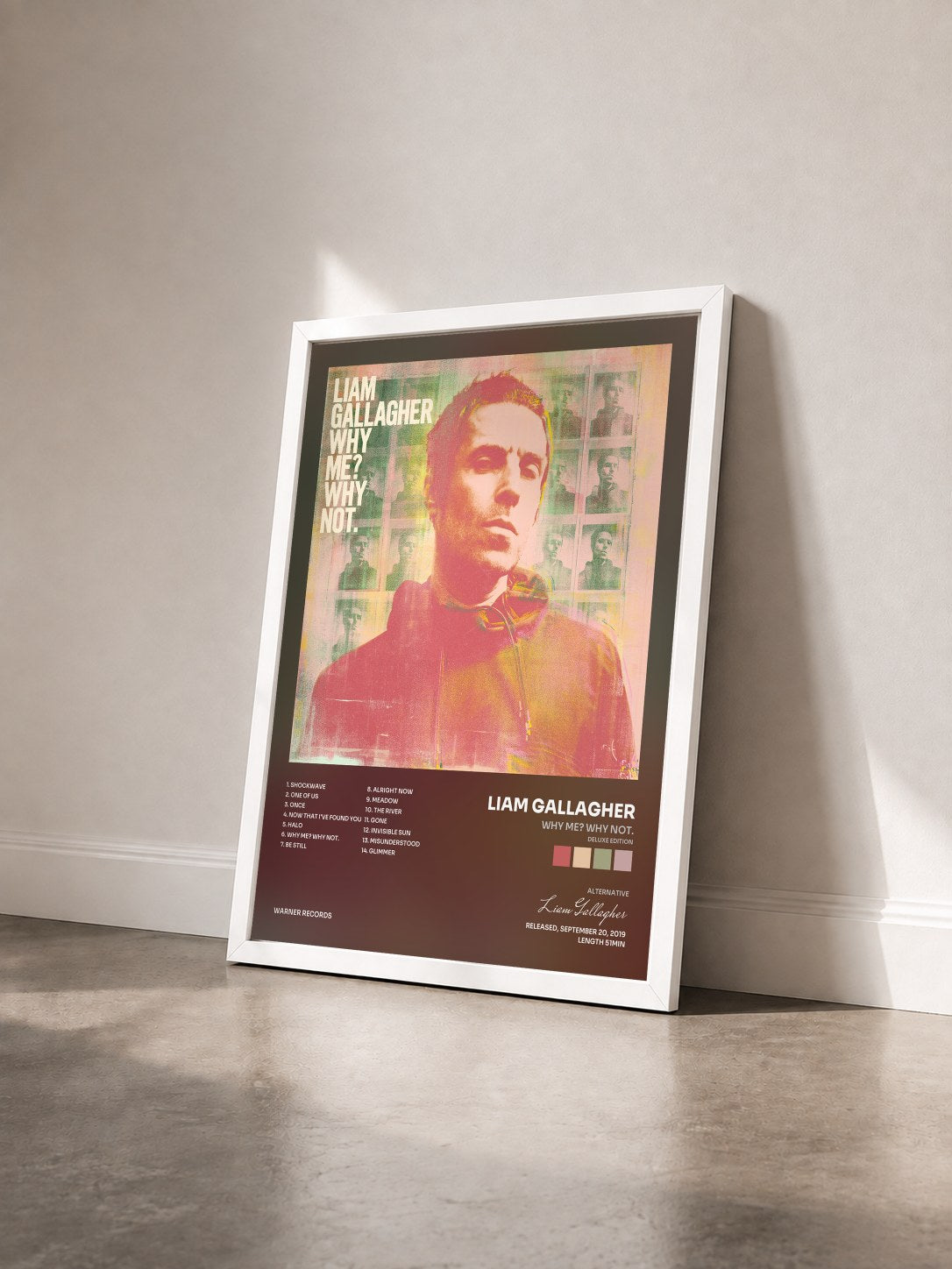 #blanc Tableau de l'album Why Me? Why Not. (Deluxe Edition) de Liam Gallagher vu de trois quarts, cadre blanc