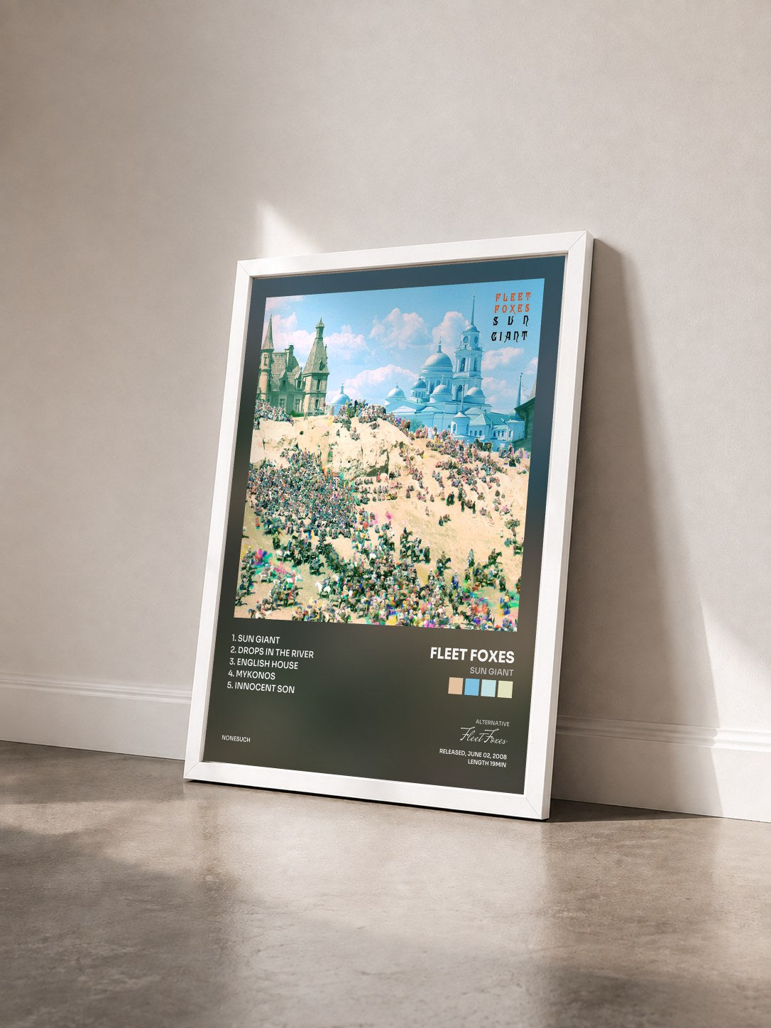 #blanc Tableau de l'album Sun Giant de Fleet Foxes vu de trois quarts, cadre blanc