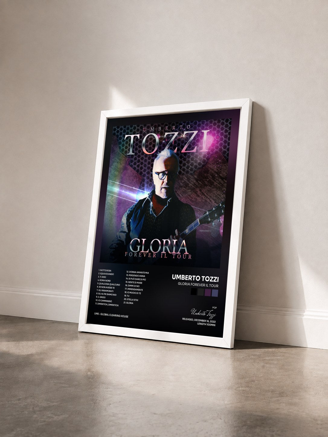 #blanc Tableau de l'album GLORIA FOREVER Il Tour de Umberto Tozzi vu de trois quarts, cadre blanc