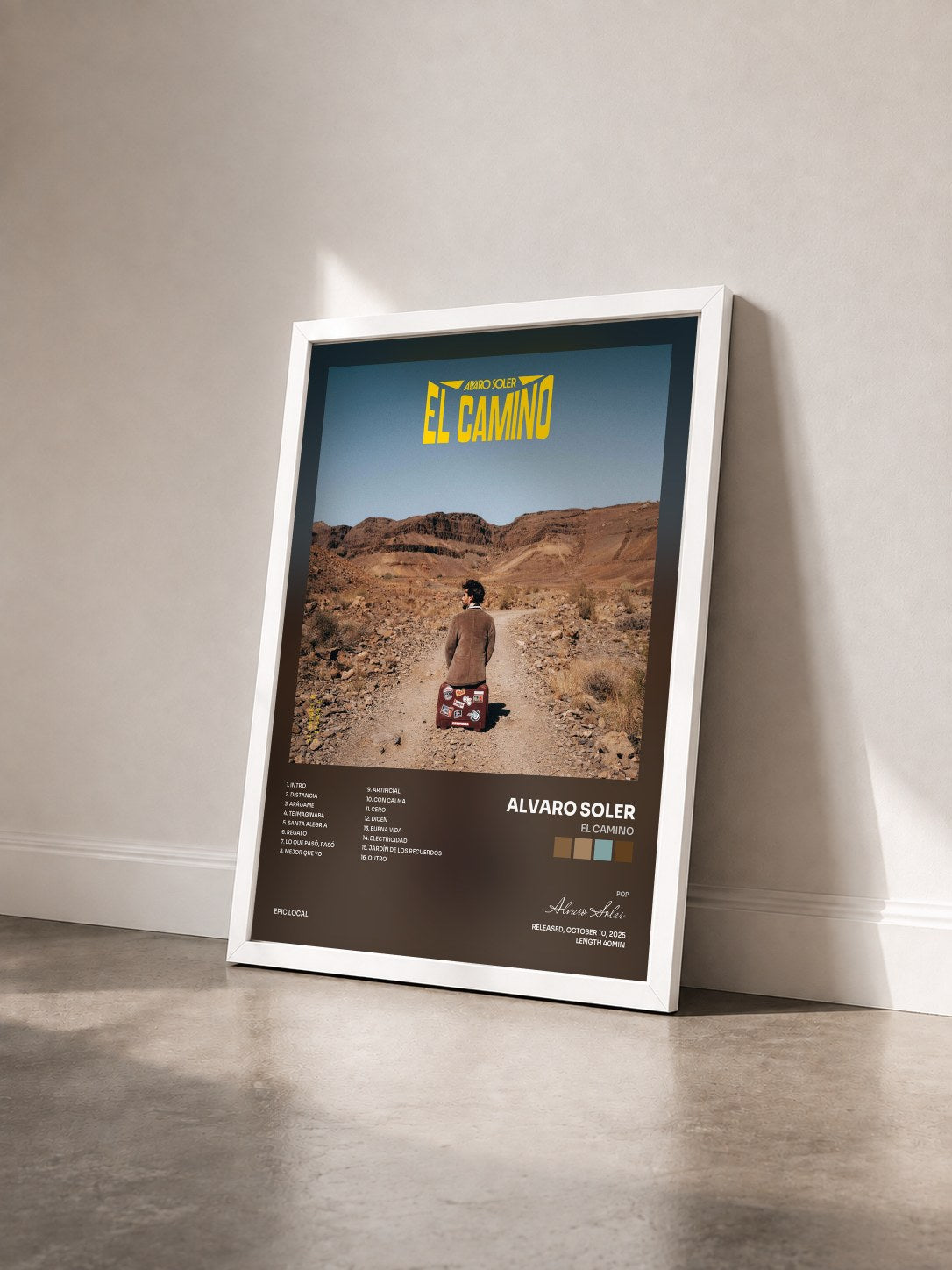 #blanc Tableau de l'album EL CAMINO de Alvaro Soler vu de trois quarts, cadre blanc