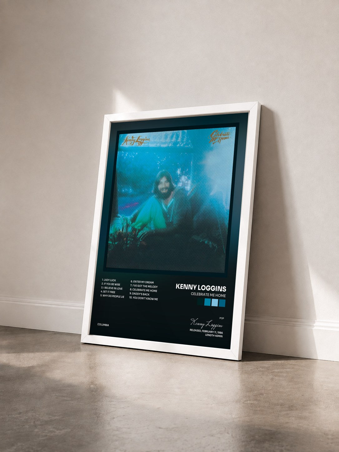 #blanc Tableau de l'album Celebrate Me Home de Kenny Loggins vu de trois quarts, cadre blanc