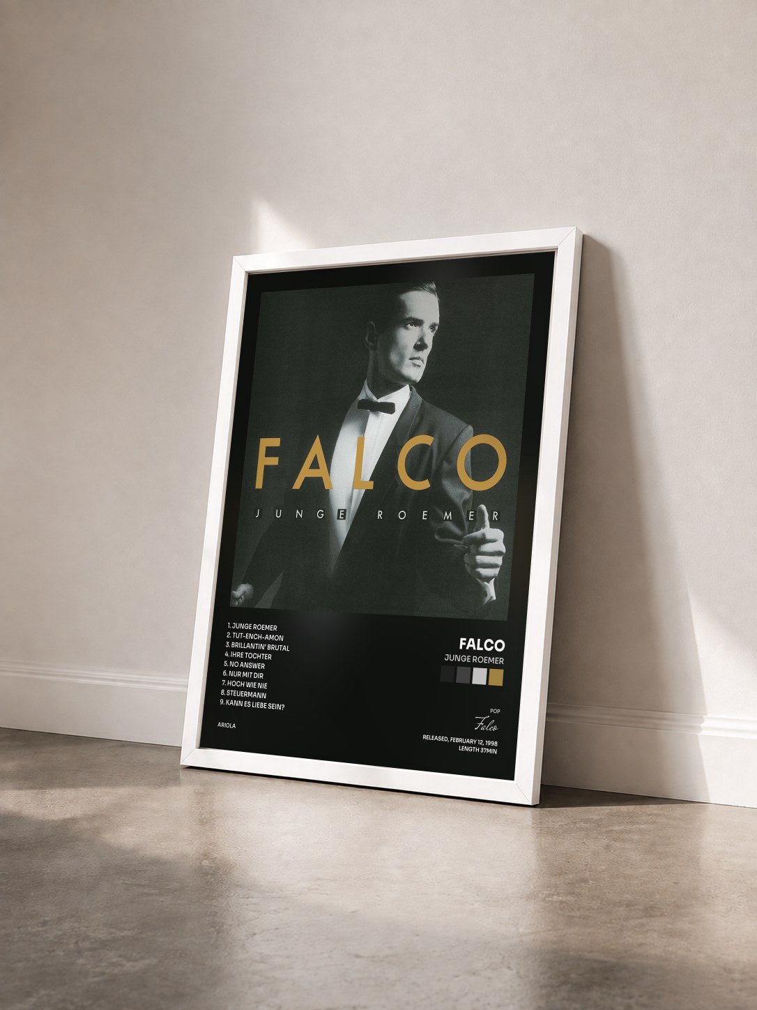 #blanc Tableau de l'album Junge Roemer de Falco vu de trois quarts, cadre blanc